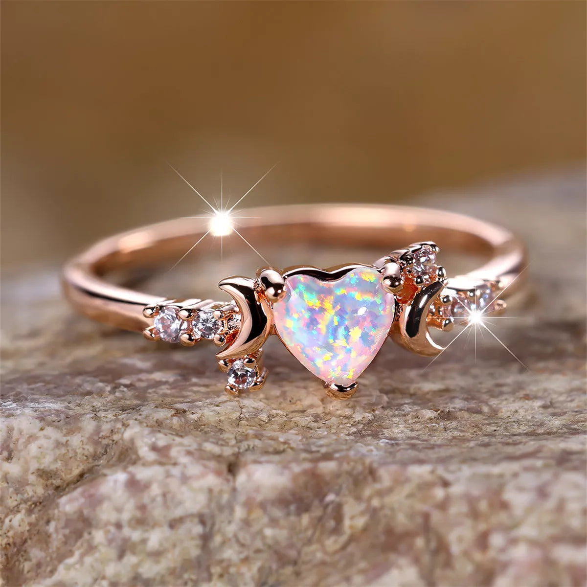 New Love Moon Three Claw Ring in platinum white opal and rose gold white opal