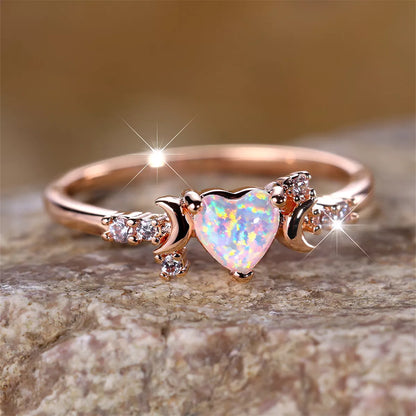 New Love Moon Three Claw Ring in platinum white opal and rose gold white opal