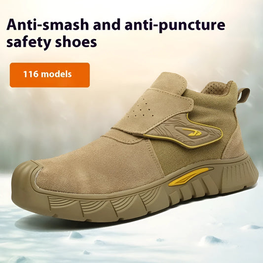 Men's brown leather labour protection safety shoes with a rubber sole.