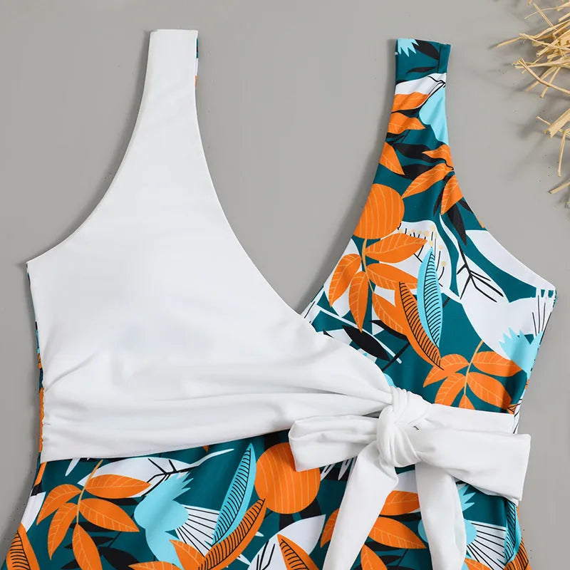 Women's high waist one-piece swimsuit in a printed pattern, showing front design.