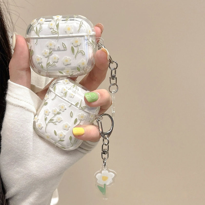 Bluetooth Headset Protective Cover in a high-transparency TPU case with a white floral pattern, soft-shell style injection moulding, universal Apple AirPods model compatibility.
