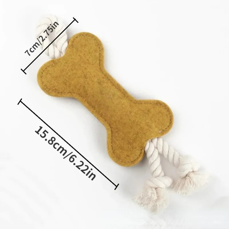 Durable felt bone shaped dog toy with rope knots, in blue colour, for chewing and puzzle play.