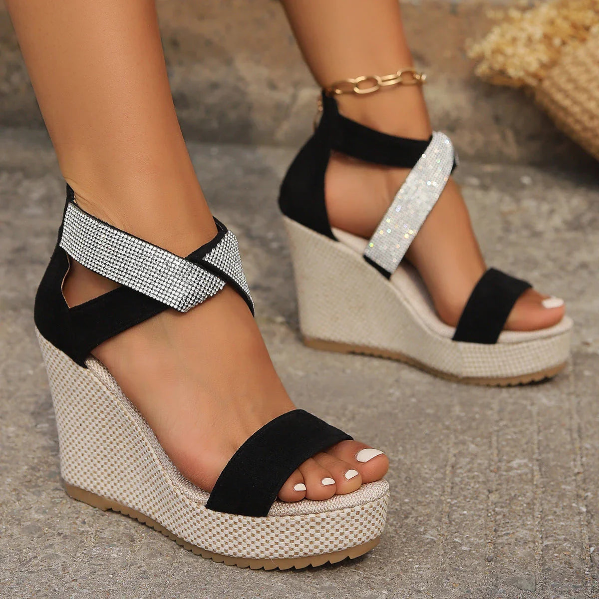 Rhinestone embellished wedge sandals in black and beige colors, featuring a fish-mouth design and platform sole