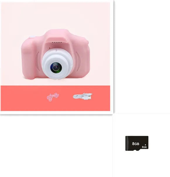 Colourful kids digital camera with silicone case showing 2-inch screen and lens.