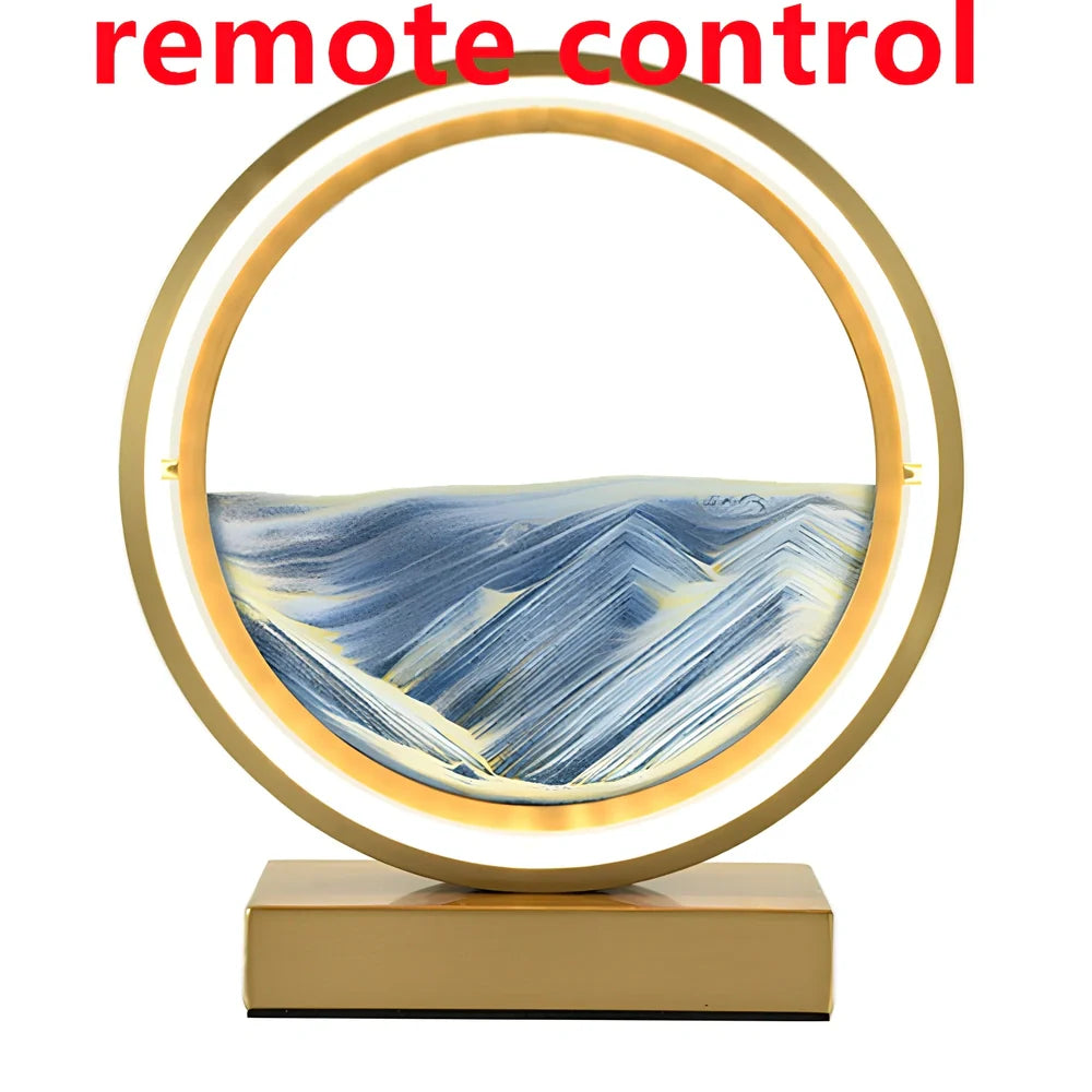 Black and white quicksand table lamp, 295mm tall with LED lights and remote control, coloured sand in glass chamber