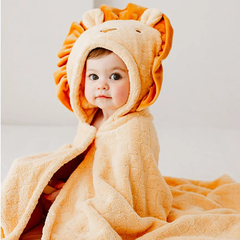 Coral fleece bath towel with animal design measuring 125cm by 80cm showing plush texture