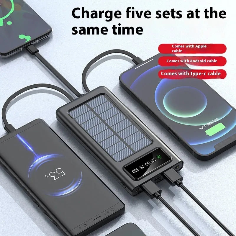 Portable solar power bank with 20000mAh capacity in black or white plastic casing