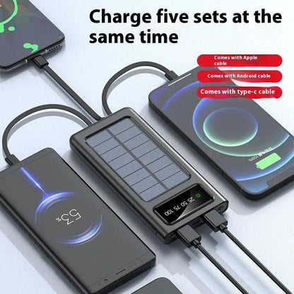 Portable solar power bank with 20000mAh capacity in black or white plastic casing