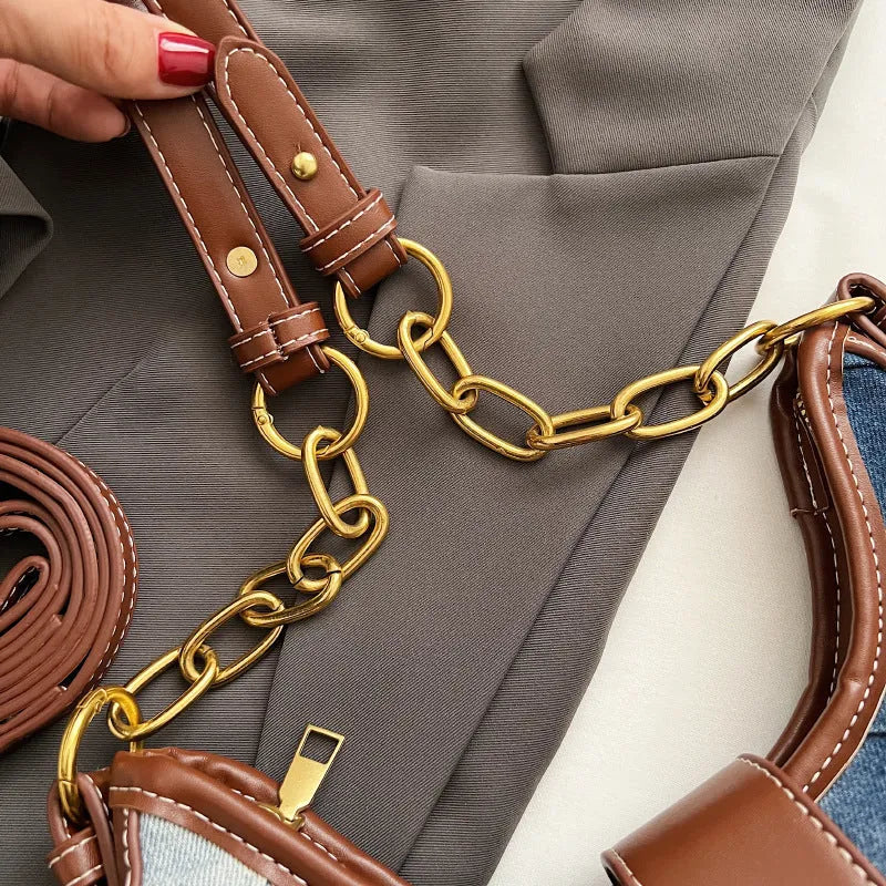 Brown denim women's bucket shoulder bag with diamond mesh detail and chain straps