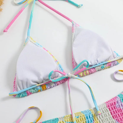 Women's triangle bag bikini swimsuit with floral gradient print and smocking craft detail