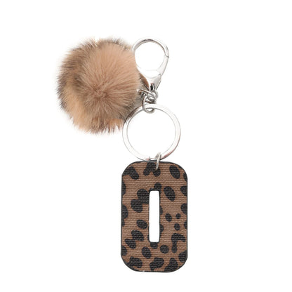 Leopard-print artificial leather keychain with oil-edged acrylic letter and included key ring, retro style