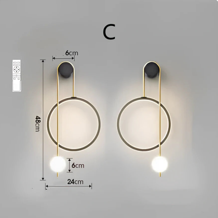 Nordic wall lamp with black gold finish and LED lighting, mounted beside bed with dimming controls