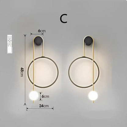 Nordic wall lamp with black gold finish and LED lighting, mounted beside bed with dimming controls