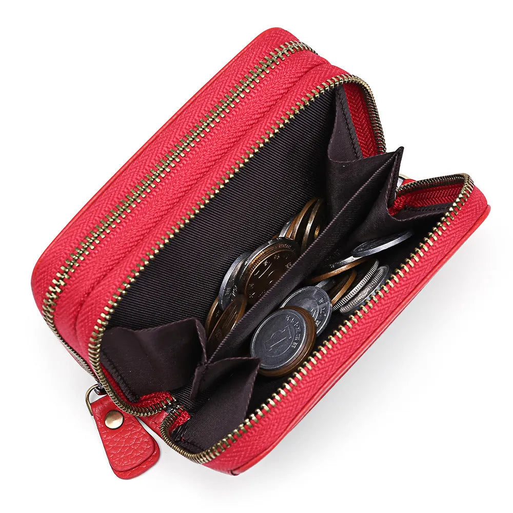 Genuine cowhide leather expanding card holder wallet with zipper closure in multiple colour options