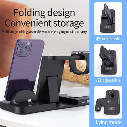 B-21 three-in-one wireless charging station for mobile phone, headset, and smartwatch on a desk.
