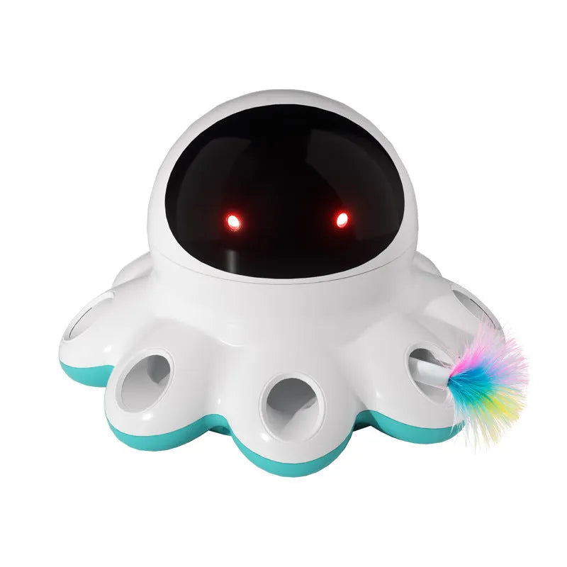 Automatic electric cat toy with shiny feather attachment on black background