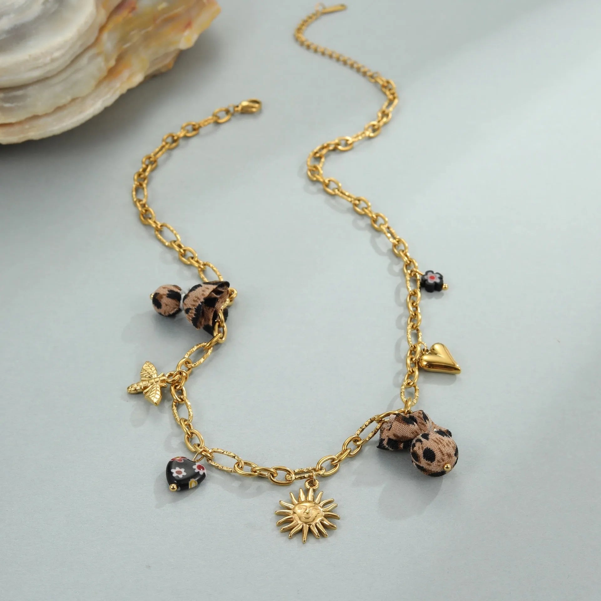 Geometric leopard pendant necklace with love heart flowers on adjustable stainless steel chain