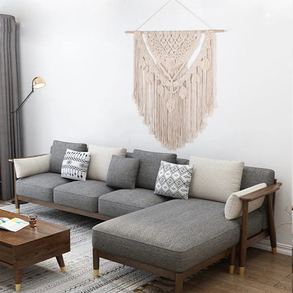 Large beige hand woven cotton tapestry, 115x100cm, modern simple wall hanging for living room or study