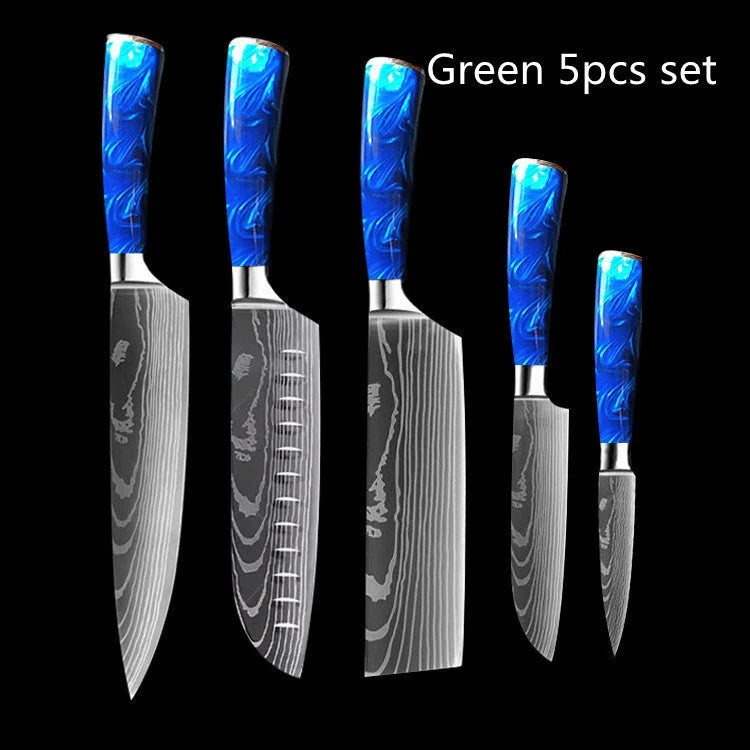8-inch Chef Knife with vibrant blue resin handle, perfect for precision cutting in the kitchen.