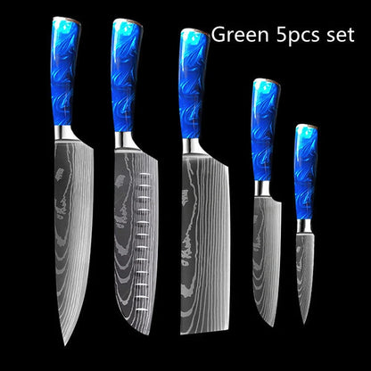 8-inch Chef Knife with vibrant blue resin handle, perfect for precision cutting in the kitchen.
