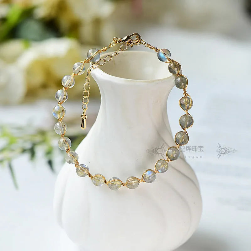 Women's 14K gold plated bracelet with blue moonstone crystal beads and starry sky charms