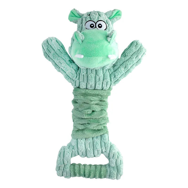 Large plush squeaky dog toy with telescopic body, crinkle paper, and handle for tug-of-war play