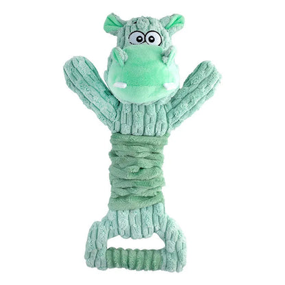 Large plush squeaky dog toy with telescopic body, crinkle paper, and handle for tug-of-war play