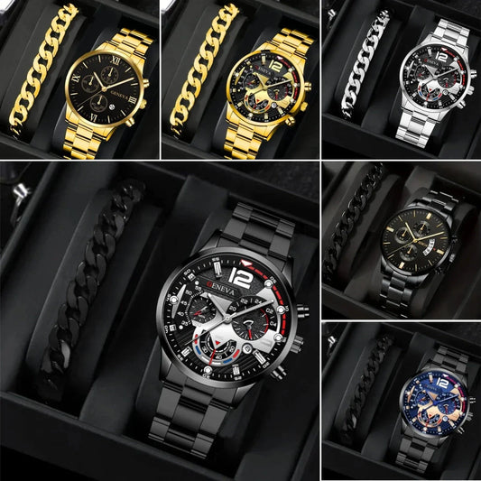 Men's stainless steel watch and coordinating bracelet set in various color options