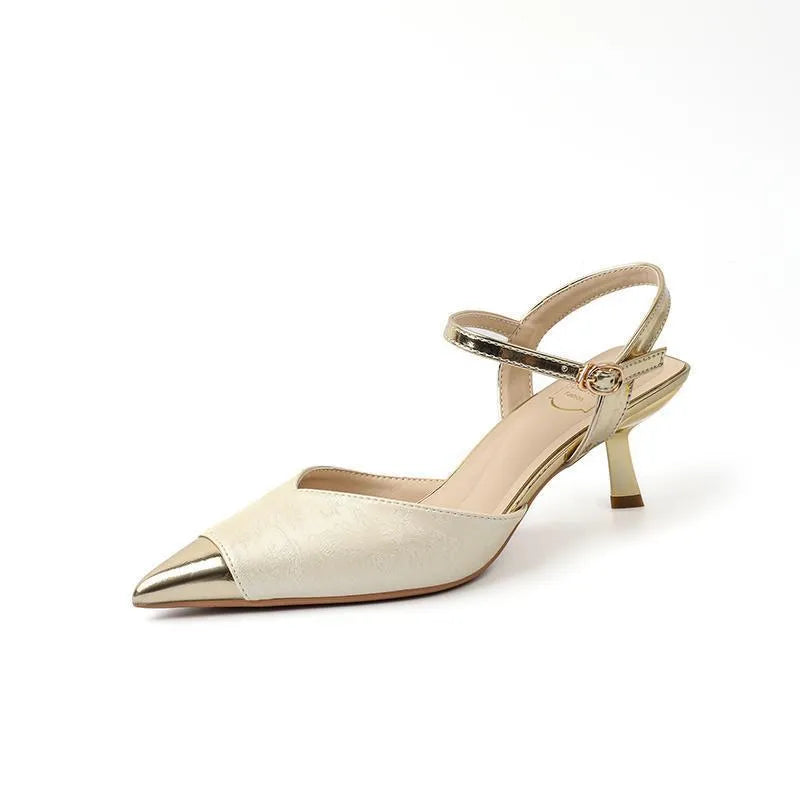 Women's genuine leather pointed toe sandals with 6CM block heel in green, apricot, black, or silver