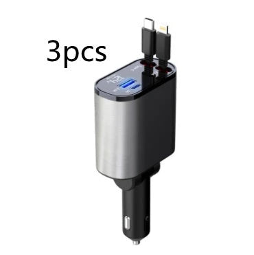 A sleek, metal 100W car charger with USB and Type-C ports for fast charging on the go