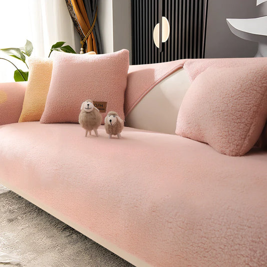 Non-slip lambswool sofa cushion in solid colour with silicone dot backing on flannel fabric