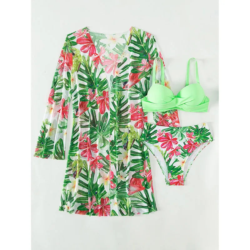 Women's three-piece printed swim set with bikini top, pants and beach blouse in green, blue or rose red.