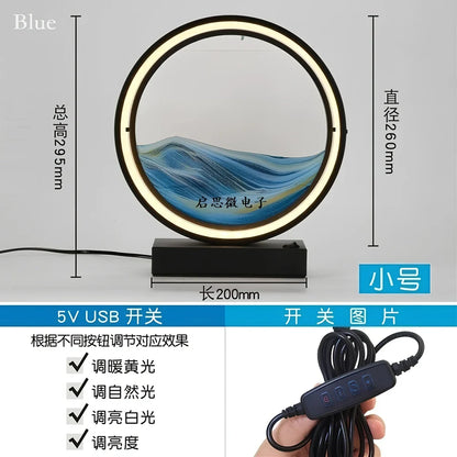 Black and white quicksand table lamp, 295mm tall with LED lights and remote control, coloured sand in glass chamber