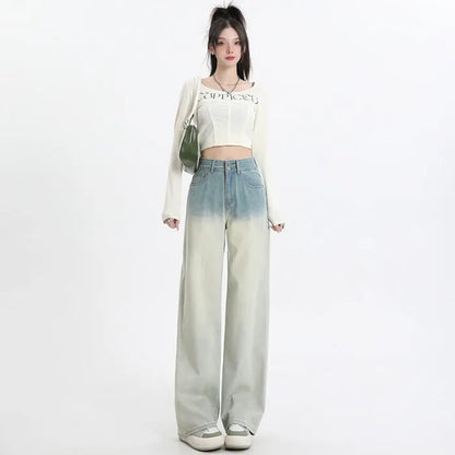 Gradient blue straight-leg trousers for women in denim with cotton composition, size range XS to 2XL