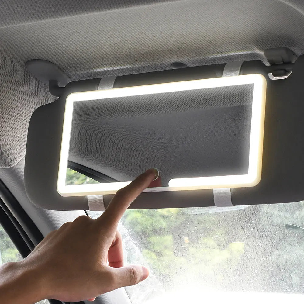 Universal automotive sun visor makeup mirror with LED light and dimming control, 24cm by 11.5cm size.