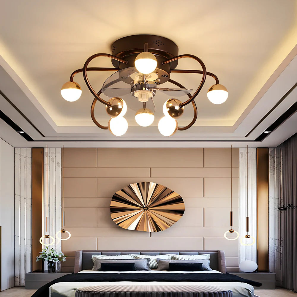 Ceiling fan light with metal blades and iron-plastic lampshade in coffee gold finish