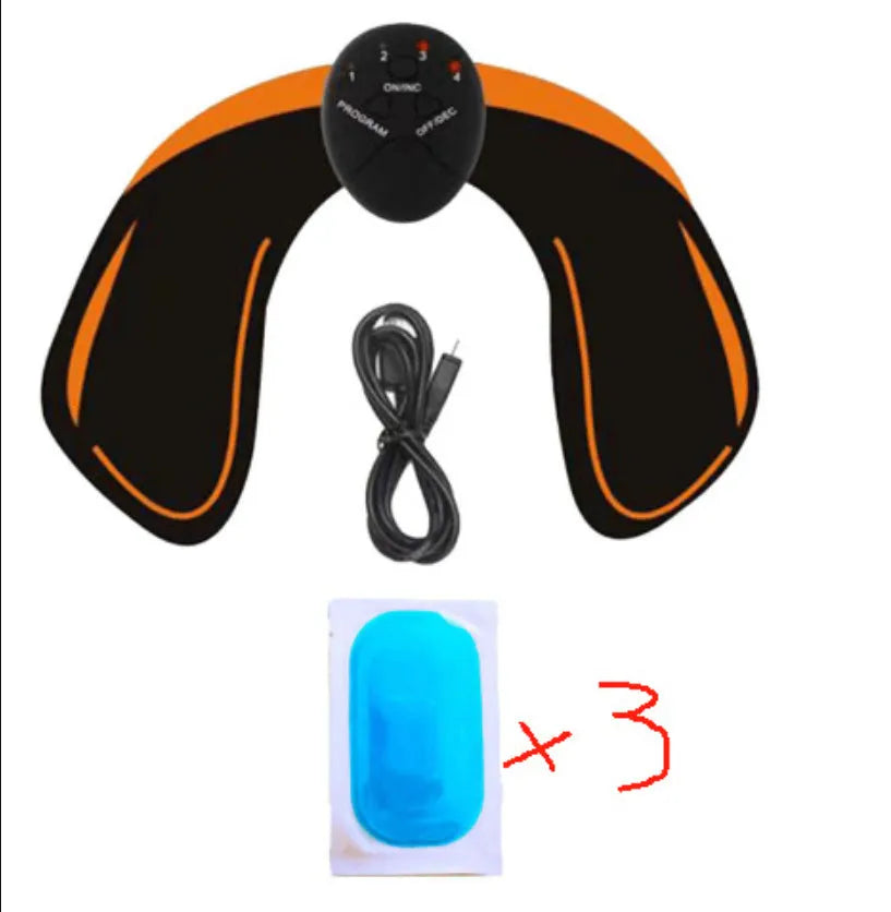 Compact EMS muscle stimulator unit with remote control and gel pads for abdominal and buttock toning.