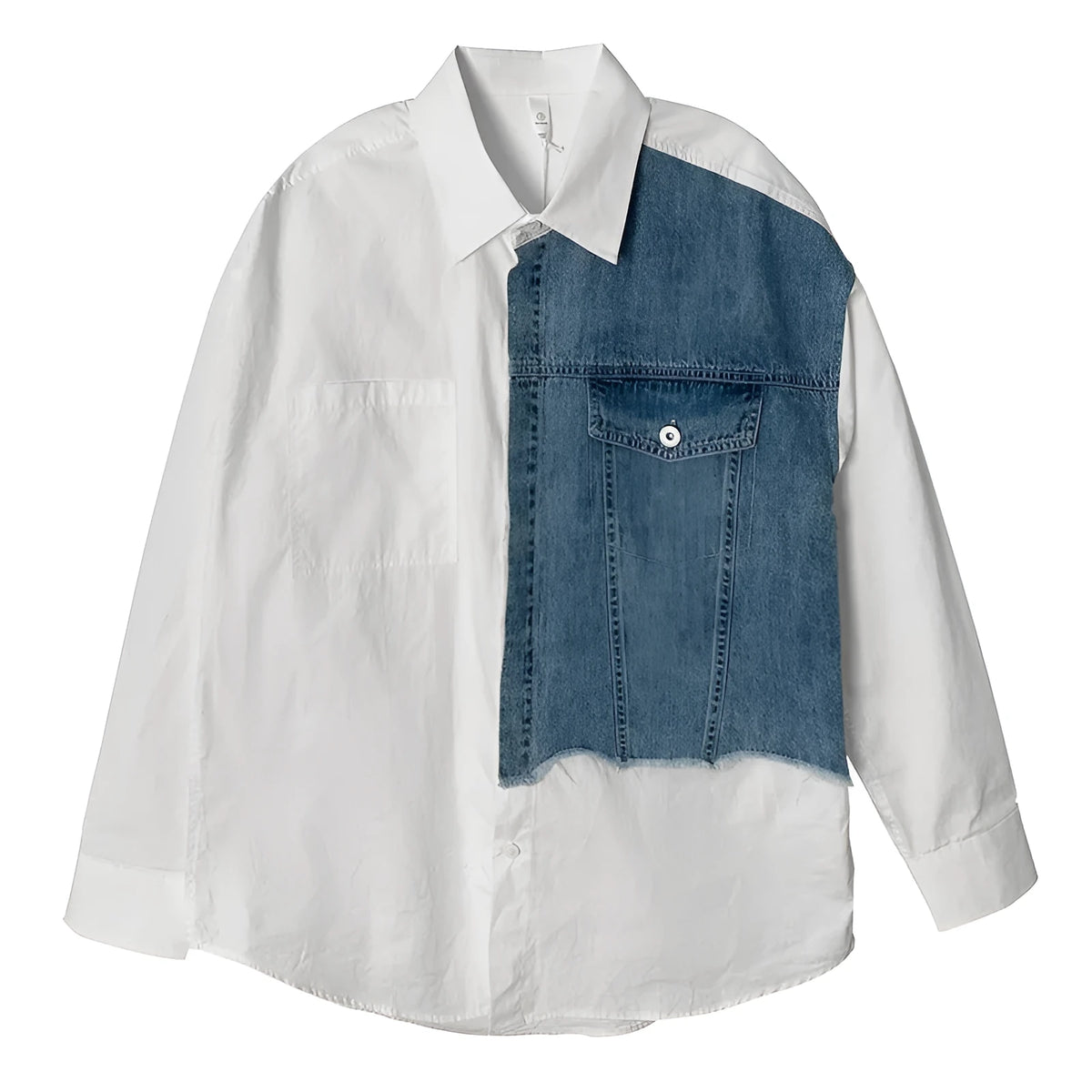 Longdaodao men's white denim splicing long sleeve shirt, casual spring top, sizes M to 2XL