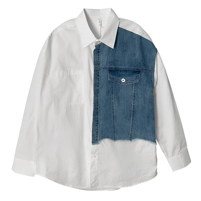Longdaodao men's white denim splicing long sleeve shirt, casual spring top, sizes M to 2XL
