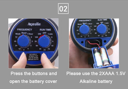 Automatic battery-powered garden water timer with digital display attached to a silver indoor faucet.