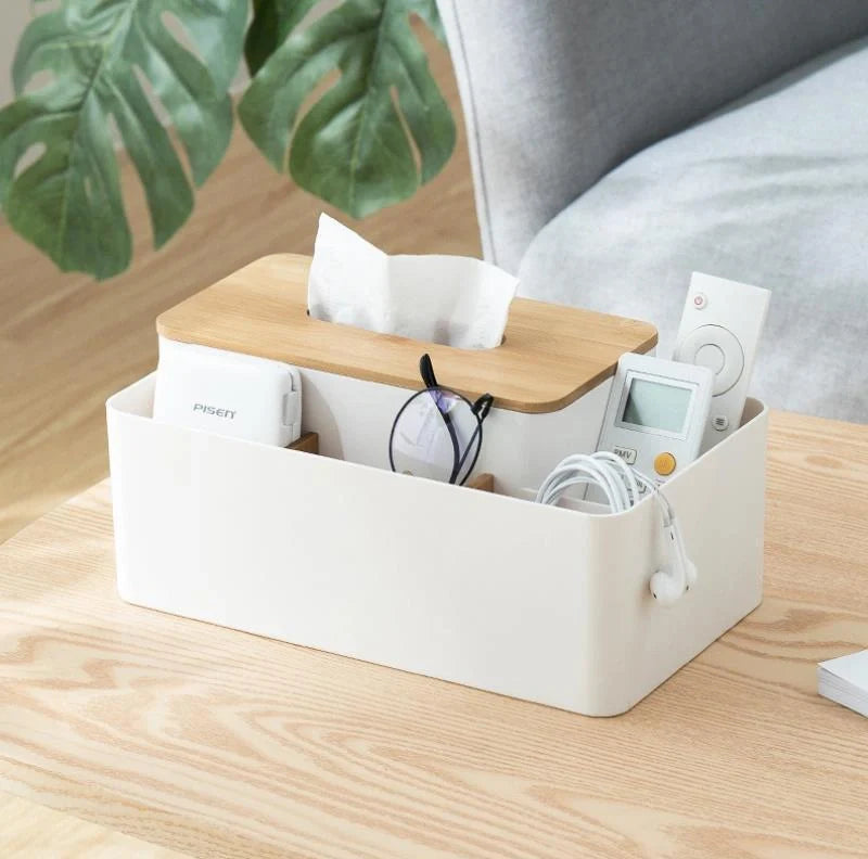 Multifunctional tissue box with remote control storage compartment, made of PS+ bamboo materials in apricot and white colors