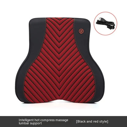 Black and orange electric massage heating car headrest and lumbar support cushion on a vehicle seat.