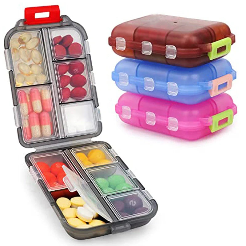 10-Grid Moisture-Proof Travel Pill Organizer in multiple colors for medication management