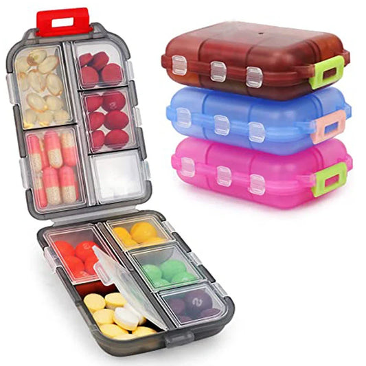 10-Grid Moisture-Proof Travel Pill Organizer in multiple colors for medication management