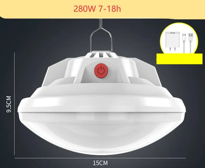 Rechargeable LED camp light with 18650 battery showing illumination radius of 15-40 metres