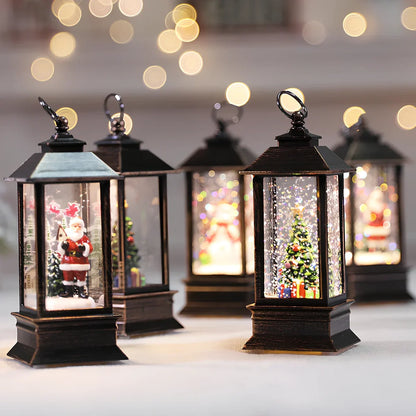 Compact 13cm Christmas LED flame small oil lamp in snowman motif on wooden shelf, square plastic base with flickering electronic light