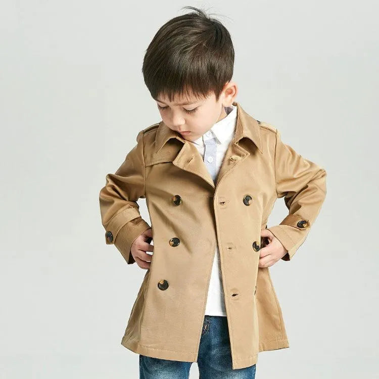 British style children's cotton jacket in khaki with long sleeves and detachable belt, sizes 100-140cm