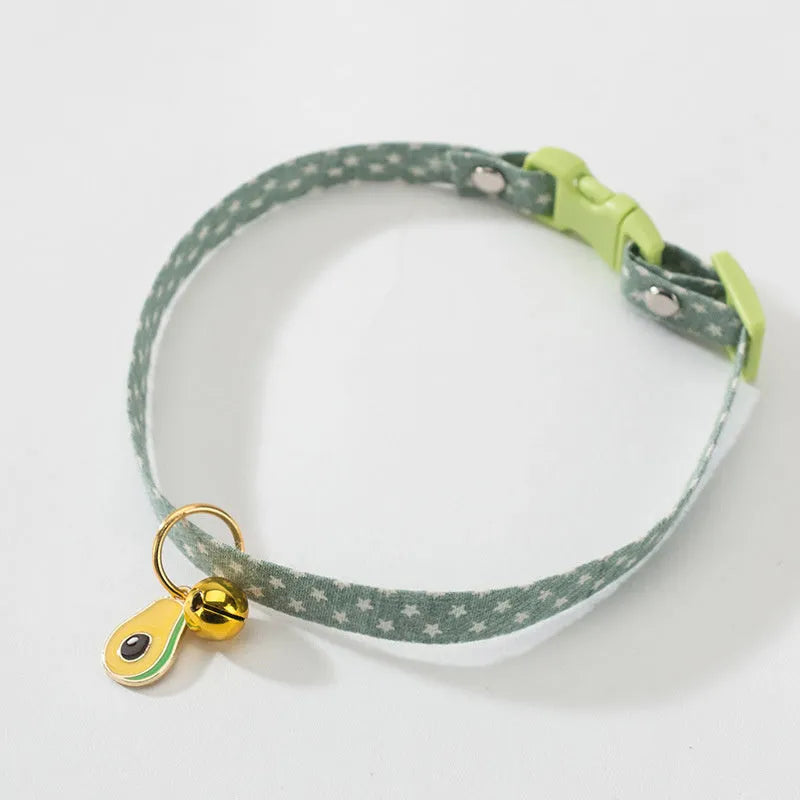 Adjustable small pet collar with bell pendant and bow tie decoration in green, pink or yellow