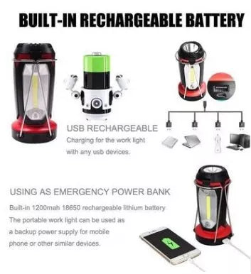 Multi-function LED tool light with COB flashlight and USB charging in red and yellow