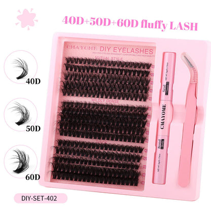 DIY false eyelash extension kit with angled metal tweezer and segment single clusters on a clear tray